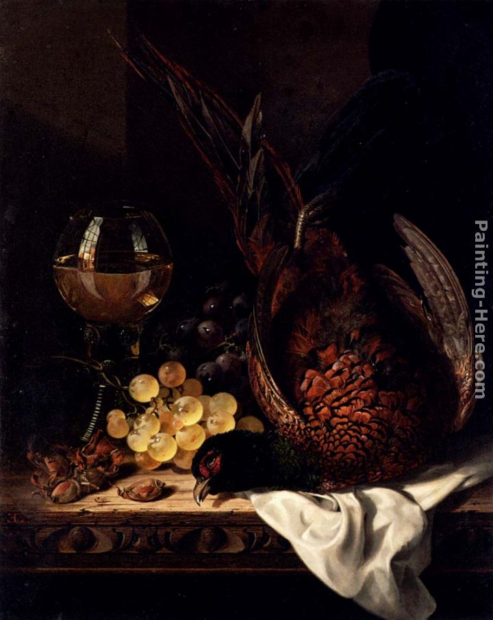 Still Life with a Pheasant, Grapes, Hazelnuts and a Hock Glass on a wooden Ledge painting - Edward Ladell Still Life with a Pheasant, Grapes, Hazelnuts and a Hock Glass on a wooden Ledge art painting